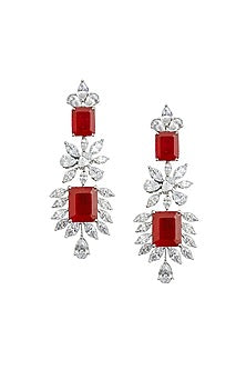 White Rhodium Finish Ruby & Swarovski Zirconia Dangler Earrings In Sterling Silver