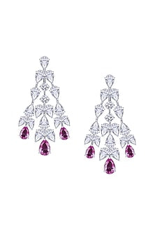 White Rhodium Finish Pink Stone & Swarovski Zirconia Dangler Earrings In Sterling Silver