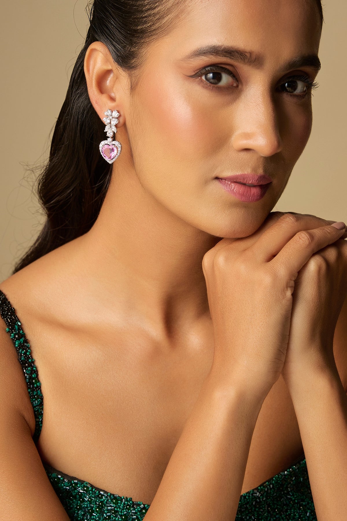 White Finish Pink & White Stone Dangler Earrings In Sterling Silver