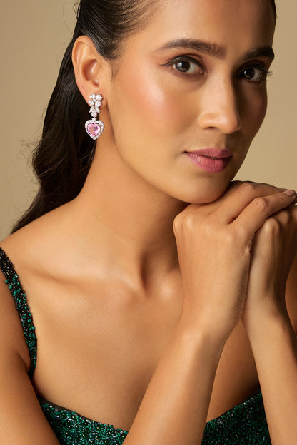 White Finish Pink & White Stone Dangler Earrings In Sterling Silver
