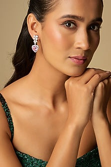 White Finish Pink & White Stone Dangler Earrings In Sterling Silver