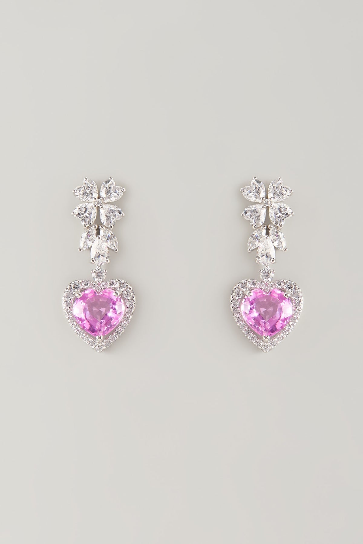 White Finish Pink & White Stone Dangler Earrings In Sterling Silver