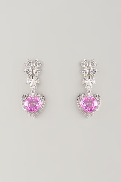 White Finish Pink & White Stone Dangler Earrings In Sterling Silver