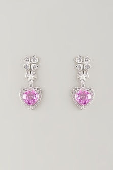 White Finish Pink & White Stone Dangler Earrings In Sterling Silver