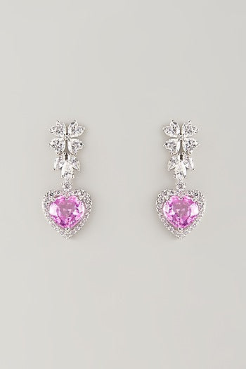 White Finish Pink & White Stone Dangler Earrings In Sterling Silver