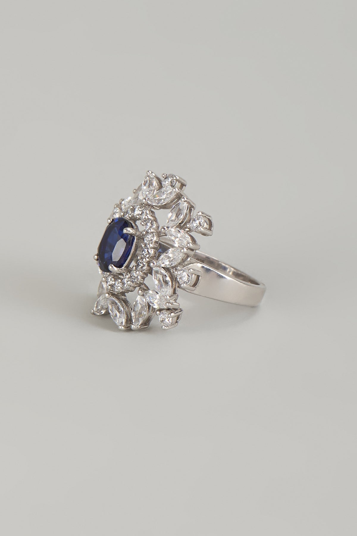 White Finish Blue & White Stone Ring In Sterling Silver