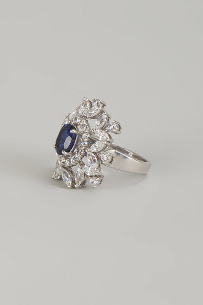 White Finish Blue & White Stone Ring In Sterling Silver