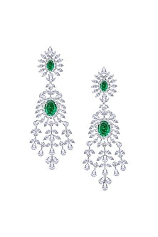 White Rhodium Finish Emerald Stone & Swarovski Zirconia Dangler Earrings In Sterling Silver