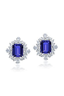 White Rhodium Finish Sapphire Stone & Swarovski Zirconia Stud Earrings In Sterling Silver