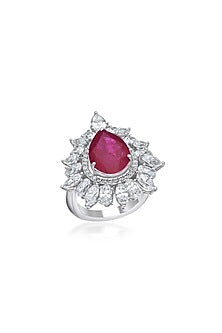 White Rhodium Finish Red Swarovski Zirconia Ring In Sterling Silver