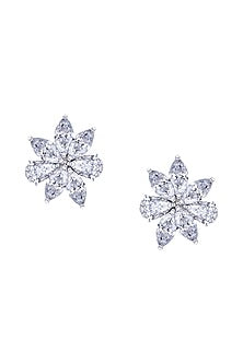White Rhodium Finish Swarovski Zirconia Stud Earrings In Sterling Silver
