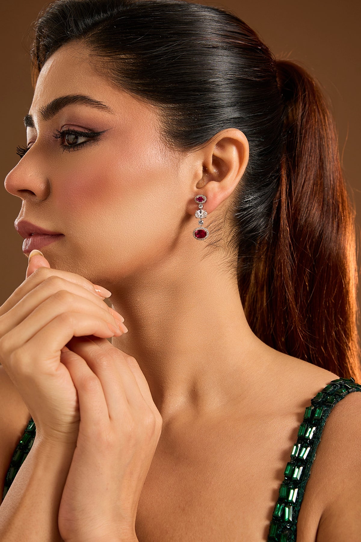 White Finish Zircon & Red Stone Dangler Earrings In Sterling Silver
