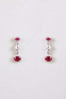 White Finish Zircon & Red Stone Dangler Earrings In Sterling Silver