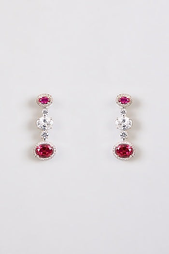 White Finish Zircon & Red Stone Dangler Earrings In Sterling Silver