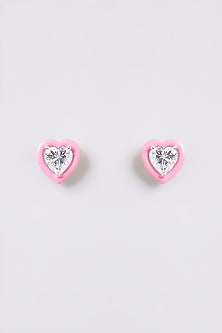 White Finish Pink & White Stone Stud Earrings In Sterling Silver