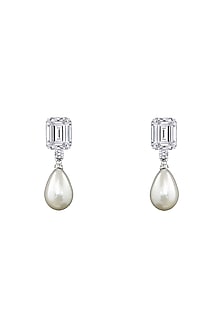 White Finish Pearl & Swarovski Zirconia Dangler Earrings In Sterling Silver