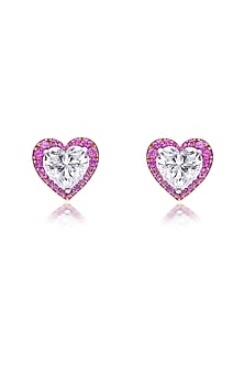 White Finish Pink Stone & Swarovski Zirconia Heart-Shaped Earrings In Sterling Silver