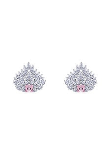 White Finish Swarovski Zirconia & Yellow Stone Stud Earrings In Sterling Silver