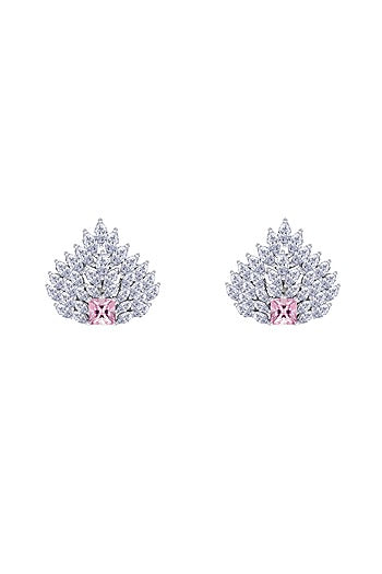 White Finish Swarovski Zirconia & Yellow Stone Stud Earrings In Sterling Silver