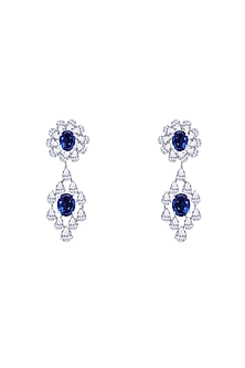 White Finish Blue Synthetic Stone & Swarovski Zirconia Dangler Earrings In Sterling Silver