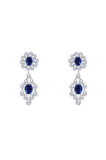 White Finish Blue Synthetic Stone & Swarovski Zirconia Dangler Earrings In Sterling Silver