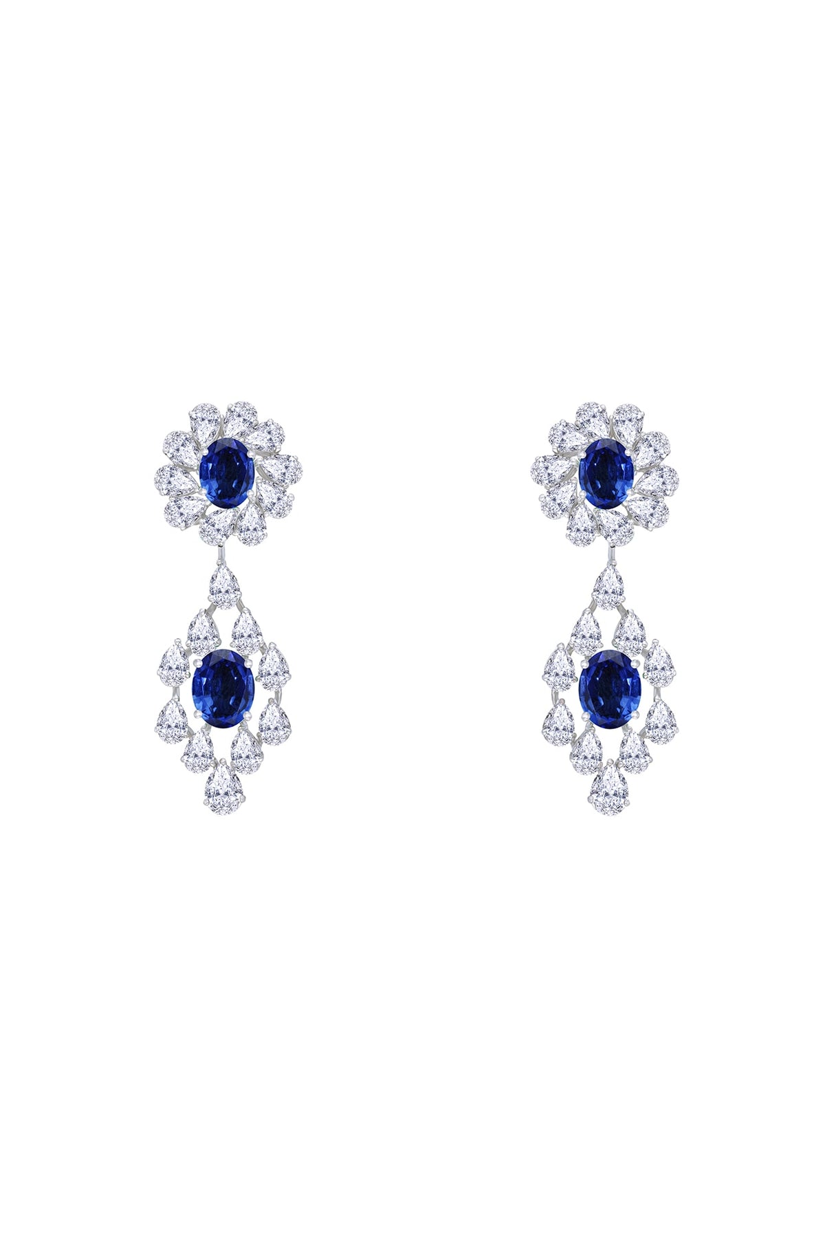White Finish Blue Synthetic Stone & Swarovski Zirconia Dangler Earrings In Sterling Silver
