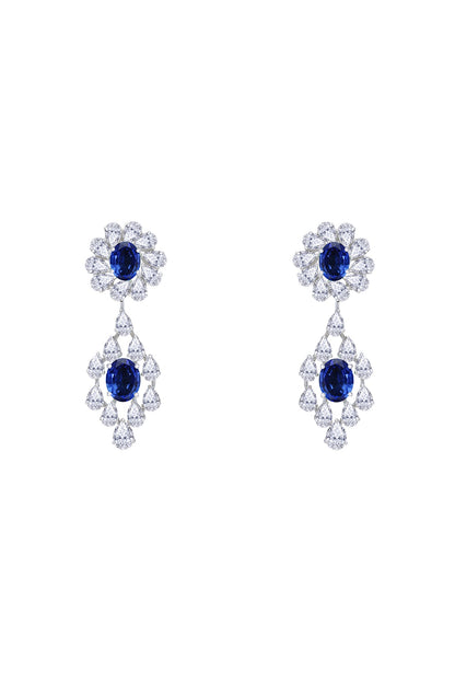 White Finish Blue Synthetic Stone & Swarovski Zirconia Dangler Earrings In Sterling Silver