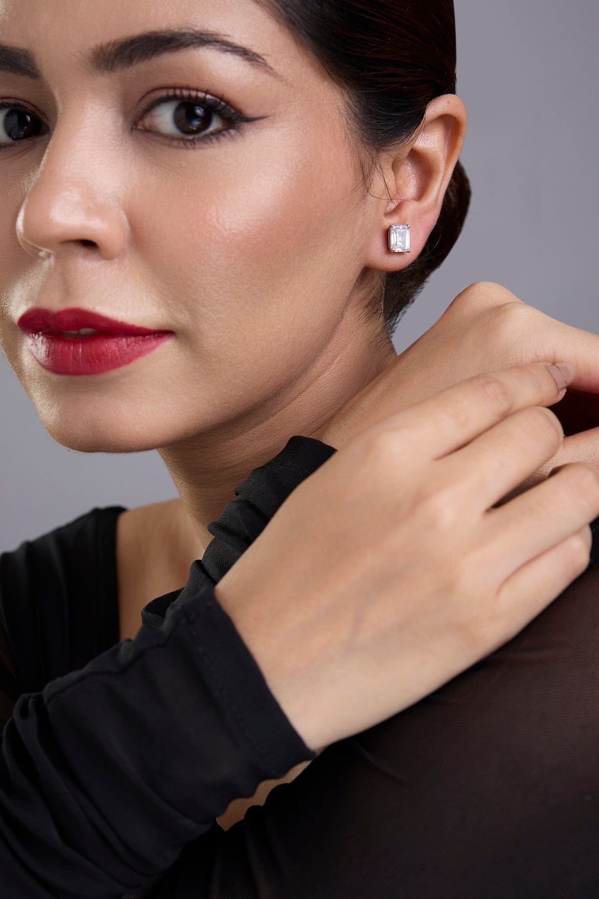 White Finish White Stone Stud Earrings In Sterling Silver