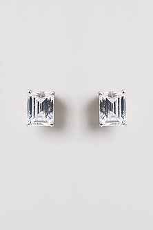 White Finish White Stone Stud Earrings In Sterling Silver