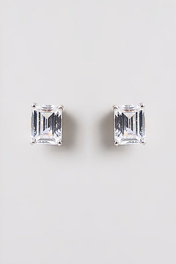 White Finish White Stone Stud Earrings In Sterling Silver