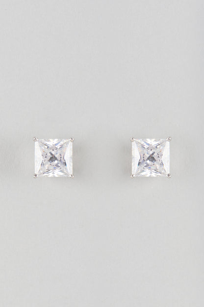 White Finish White Stone Stud Earrings In Sterling Silver
