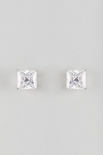 White Finish White Stone Stud Earrings In Sterling Silver