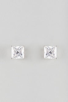 White Finish White Stone Stud Earrings In Sterling Silver