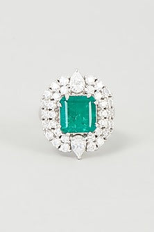 White Finish Green Crystal Ring In Sterling Silver