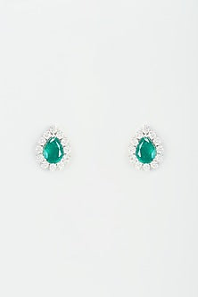 White Finish Emerald Synthetic Stone Stud Earrings In Sterling Silver