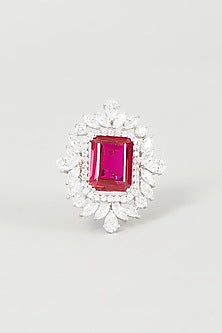 White Finish Red Synthetic Stone Ring In Sterling Silver