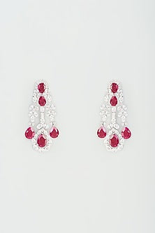 White Finish Red Synthetic Stone Dangler Earrings In Sterling Silver