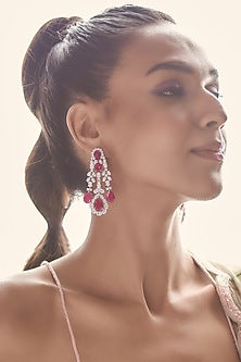White Finish Red Synthetic Stone Dangler Earrings In Sterling Silver