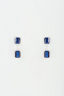 White Finish Blue Synthetic Stone Dangler Earrings In Sterling Silver