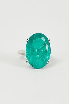 White Finish Green Stone Oval Ring In Sterling Silver