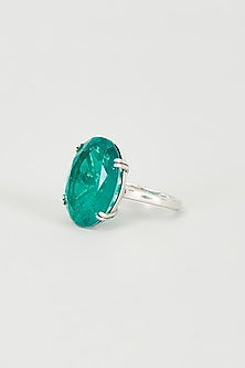 White Finish Green Stone Oval Ring In Sterling Silver