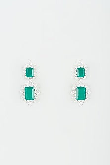 White Finish Green Synthetic Stone Dangler Earrings In Sterling Silver