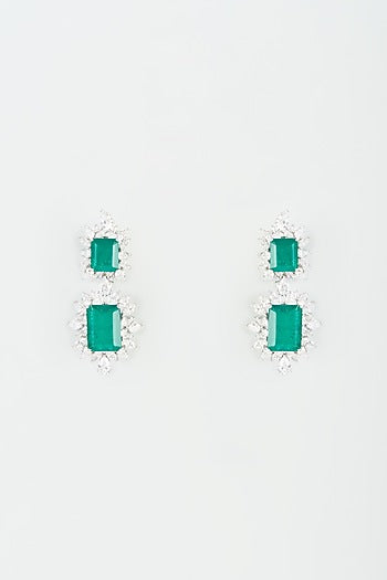 White Finish Green Synthetic Stone Dangler Earrings In Sterling Silver