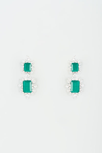 White Finish Green Synthetic Stone Dangler Earrings In Sterling Silver