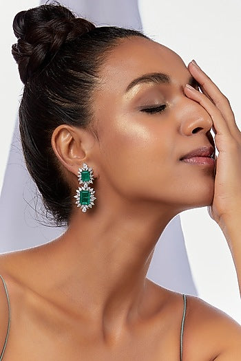 White Finish Green Synthetic Stone Dangler Earrings In Sterling Silver