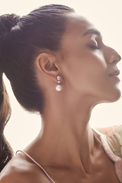 White Finish Pearl Dangler Earrings In Sterling Silver