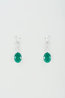 White Finish Green Synthetic Stone Dangler Earrings In Sterling Silver