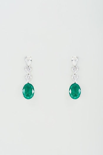 White Finish Green Synthetic Stone Dangler Earrings In Sterling Silver