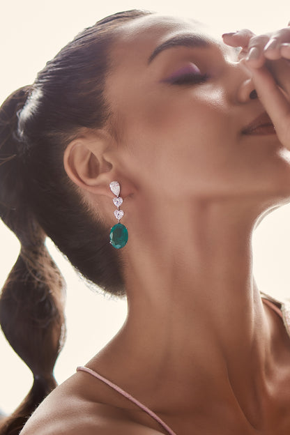White Finish Green Synthetic Stone Dangler Earrings In Sterling Silver