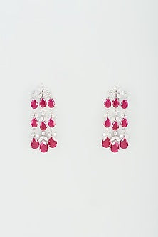 White Finish Red Synthetic Stone Dangler Earrings In Sterling Silver